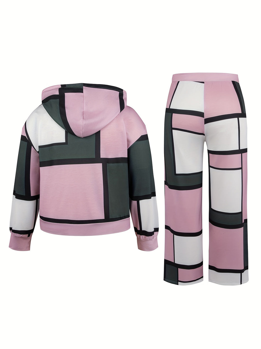 Plus Size Sporty Outfits Set, Women's Plus Geo Print Long Sleeve Drawstring Hoodie & Pants Outfits 2 Piece Set