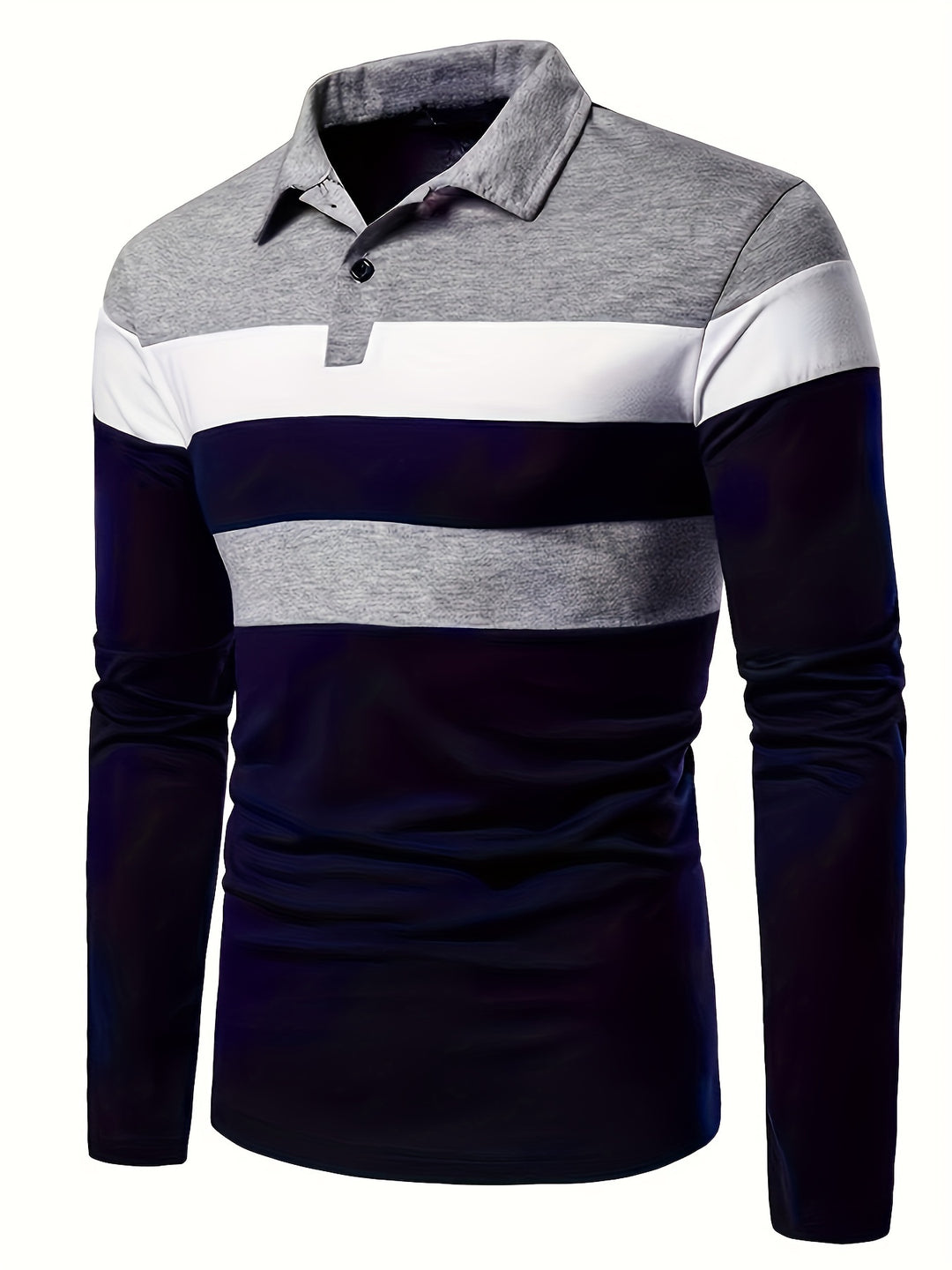 Mature Style Men's Color Block Casual Comfy Long Sleeve Golf Lapel Shirt, Spring Fall