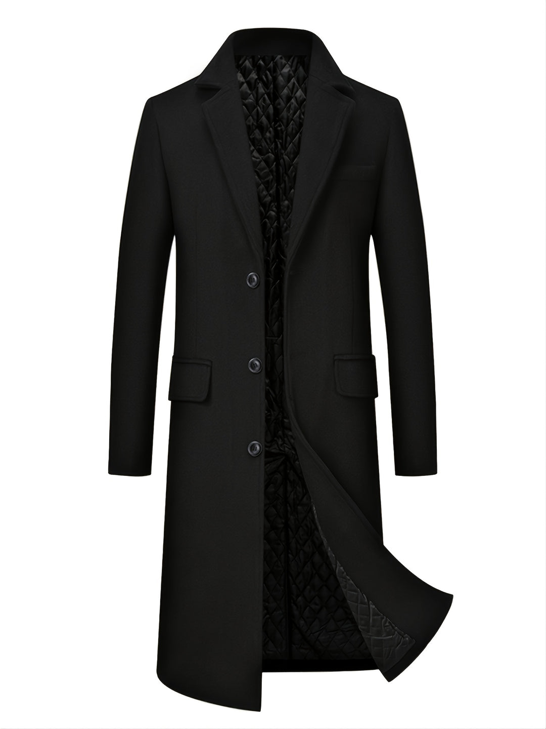Men's Mid Length Lapel Solid Color Wool Coat, Winter Warm Soft Outdoor Windbreaker Jacket
