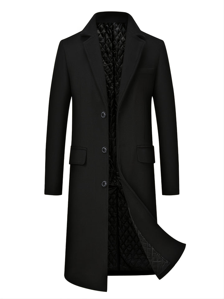 Men's Mid Length Lapel Solid Color Wool Coat, Winter Warm Soft Outdoor Windbreaker Jacket