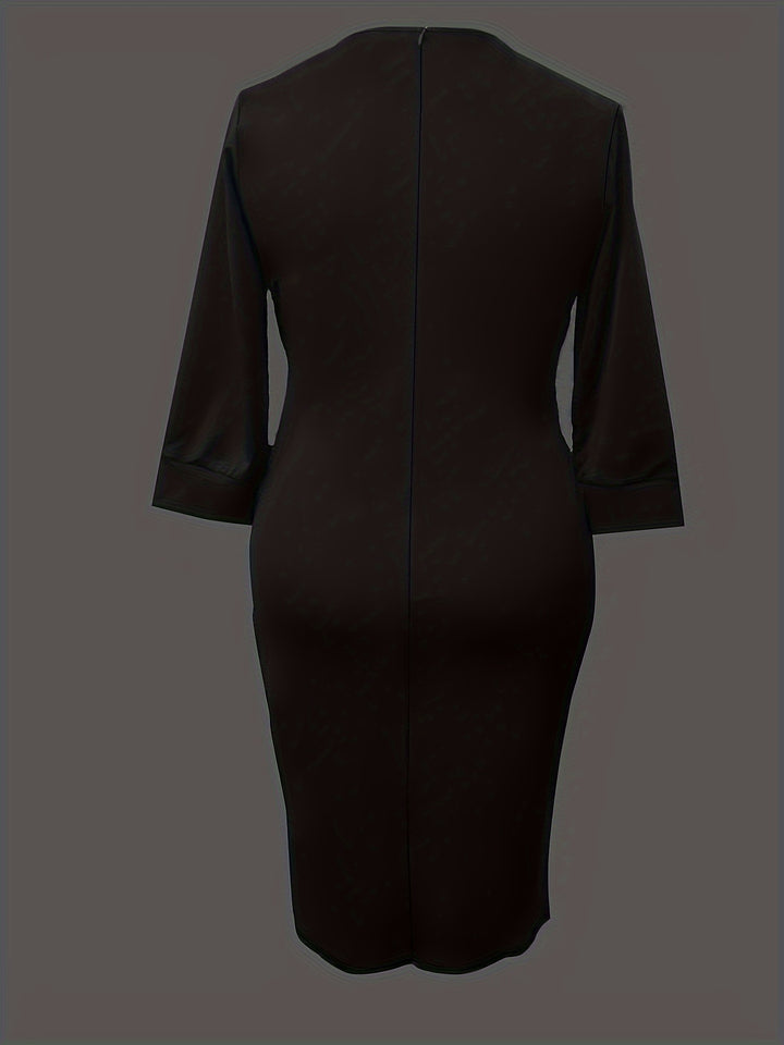 Plus Size Stripe Pattern Bodycon Dress, Elegant Notch Neck Long Sleeve Dress, Women's Plus Size Clothing