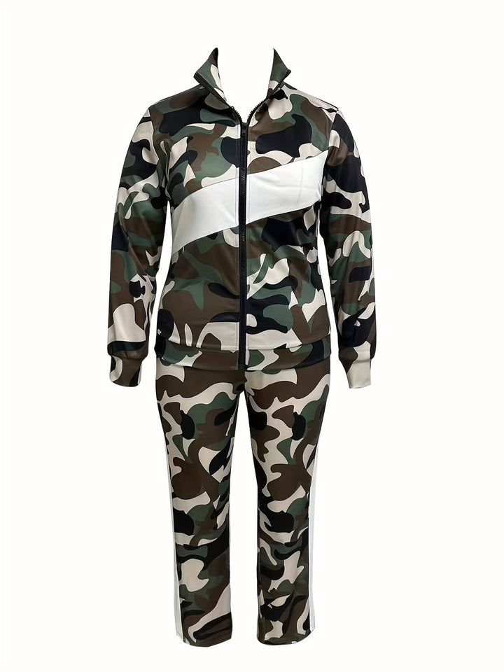 Plus Size Casual Outfits Set, Women's Plus Colorblock Camo Zip Up Long Sleeve Mock Neck Coat & Elastic Pants Outfits Two Piece Set