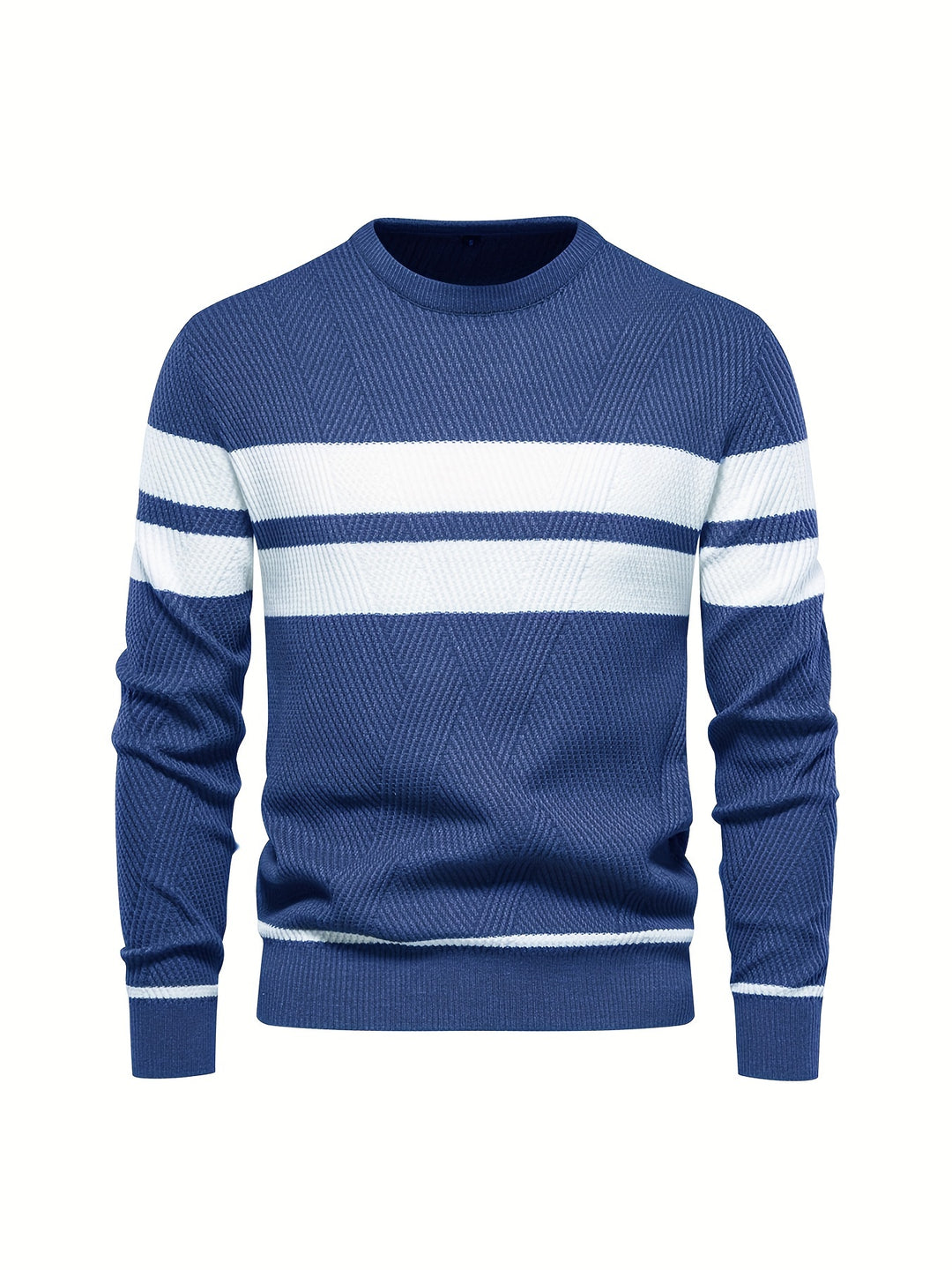 All-Match Striped Knitted Sweater, Men's Casual Warm High Stretch Crew Neck Pullover Sweater For Fall Winter