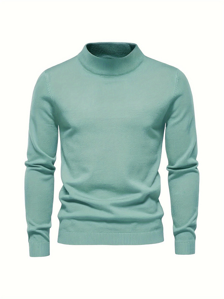 Turtle Neck Knitted Sweater, Men's Casual Warm Solid Mid Stretch Pullover Sweater For Fall Winter