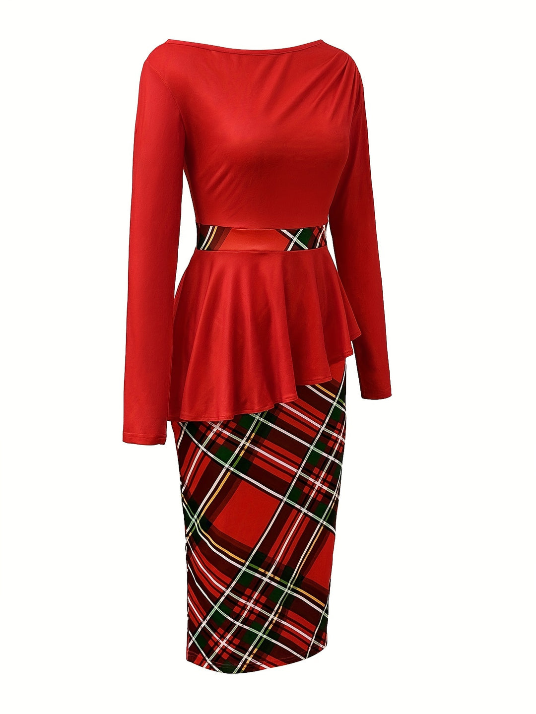 Plaid Print Patchwork Dress, Elegant Long Sleeve Color Block Dress, Women's Clothing