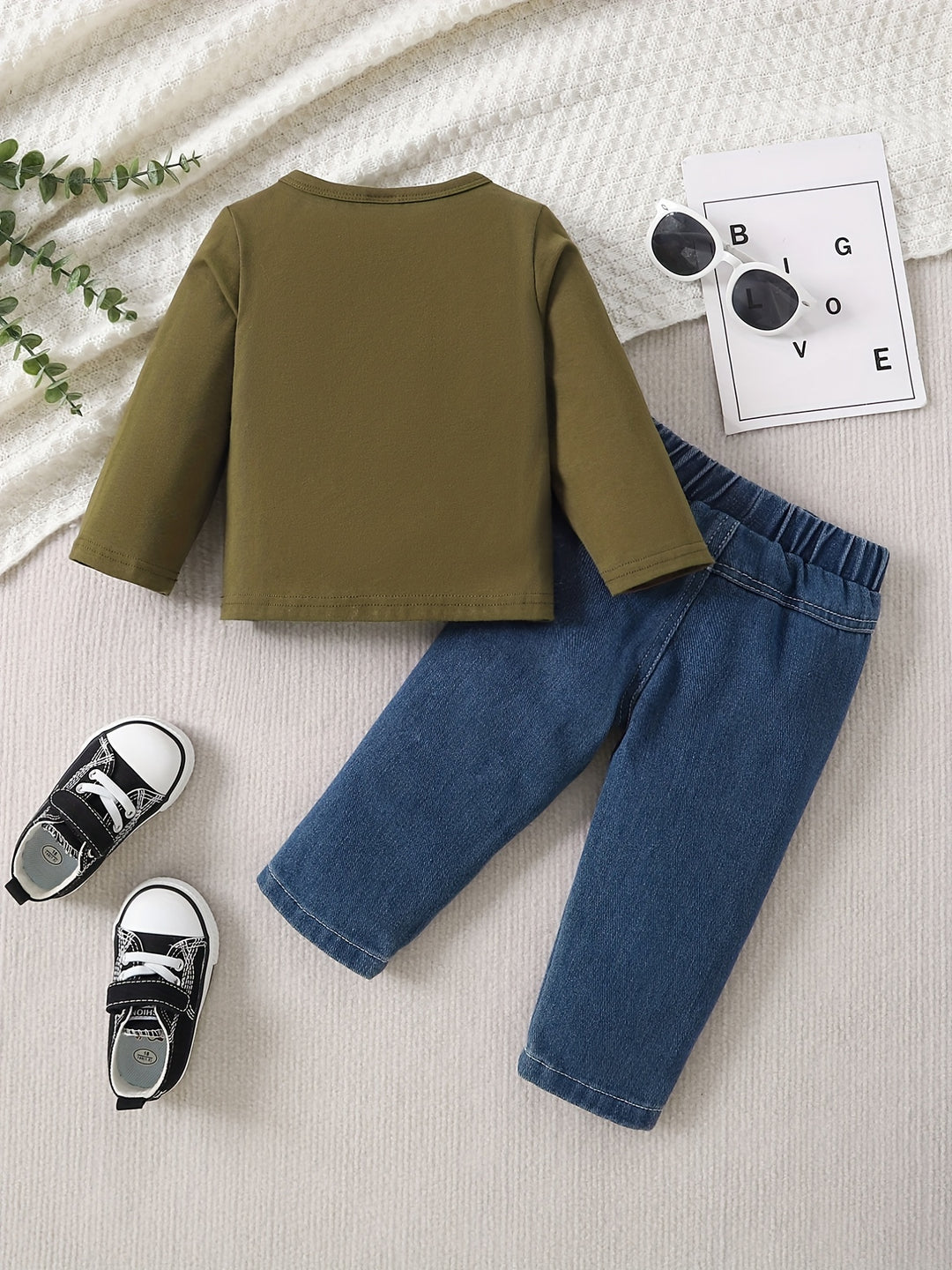Toddler Baby Boys Trendy Casual Outfit, COOLER VERSION OF DAD Letter Print Long Sleeve Top & Ripped Jeans Set