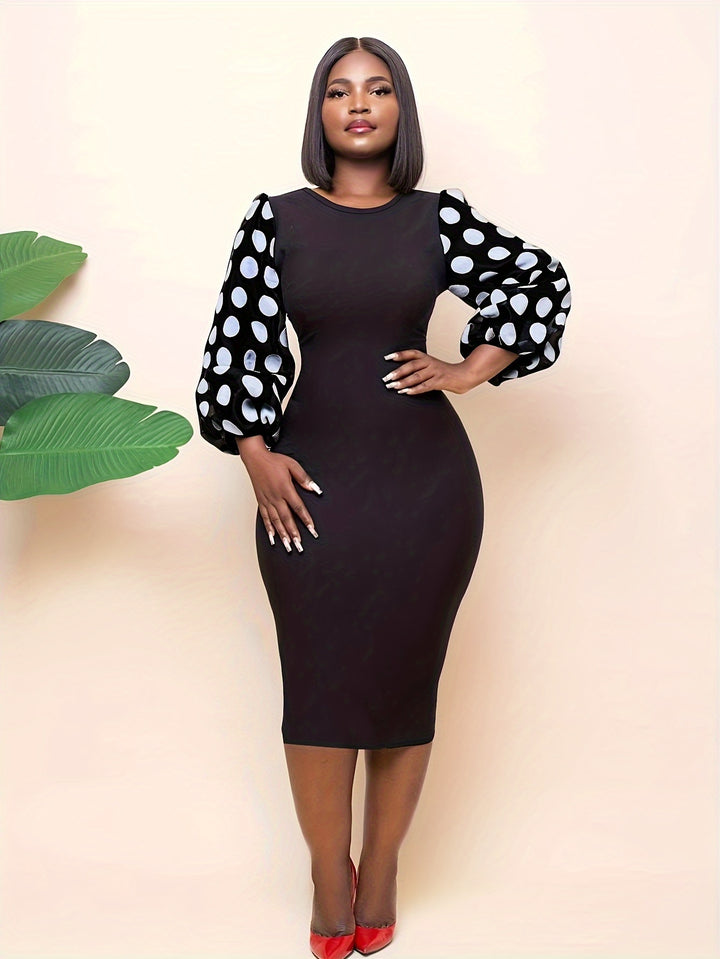 Elegant Plus Size Polka Dot Print Dress for Women, Casual Bodycon with Lantern Sleeves and Crew Neck, Perfect for Spring and Fall Seasons