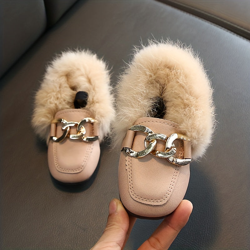 Girl's Furry Loafer Shoes, Solid Trendy Non Slip Soft Sole Thermal Sneakers, Winter & Autumn