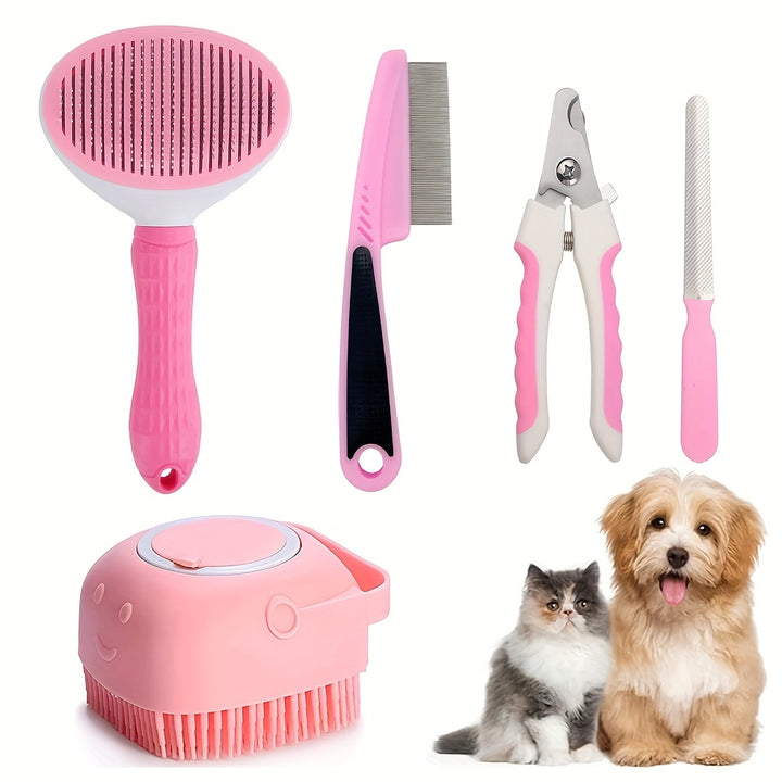 5 Pack Pet Grooming Set - Hair Removal Comb For Dog, Flea Comb, Dog Shampoo Brush, Pet Nail Clippers Set