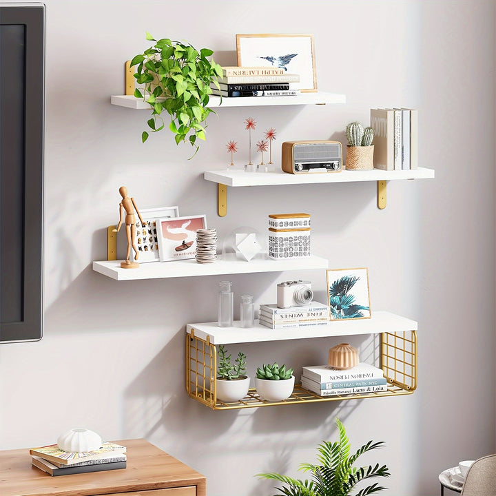 4 + 1 Layer Bathroom Shelf, Floating Shelf With Simple Wooden Wall-mounted Shelf, Toilet With Metal Wire Storage Basket Above, Kitchen, Living Room And Plant Farmhouse Wall Decoration