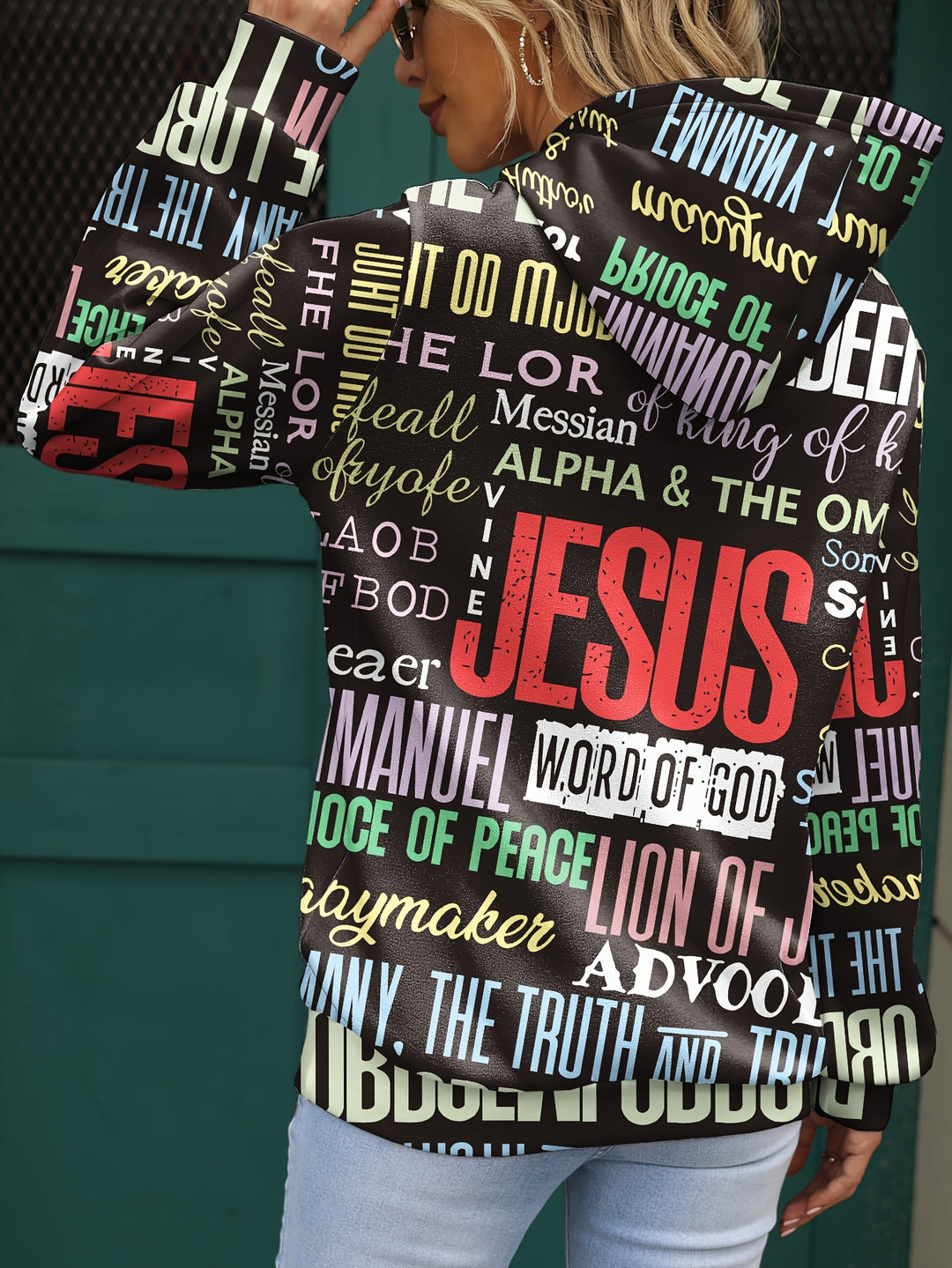 Jesus Letter Print Hoodies, Casual Kangaroo Pocket Long Sleeve Sweatshirt, Women's Clothing