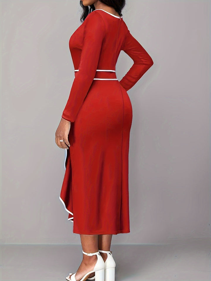 Contrast Trim Ruffle Midi Dress, Elegant Keyhole Long Sleeve Bodycon Dress, Women's Clothing