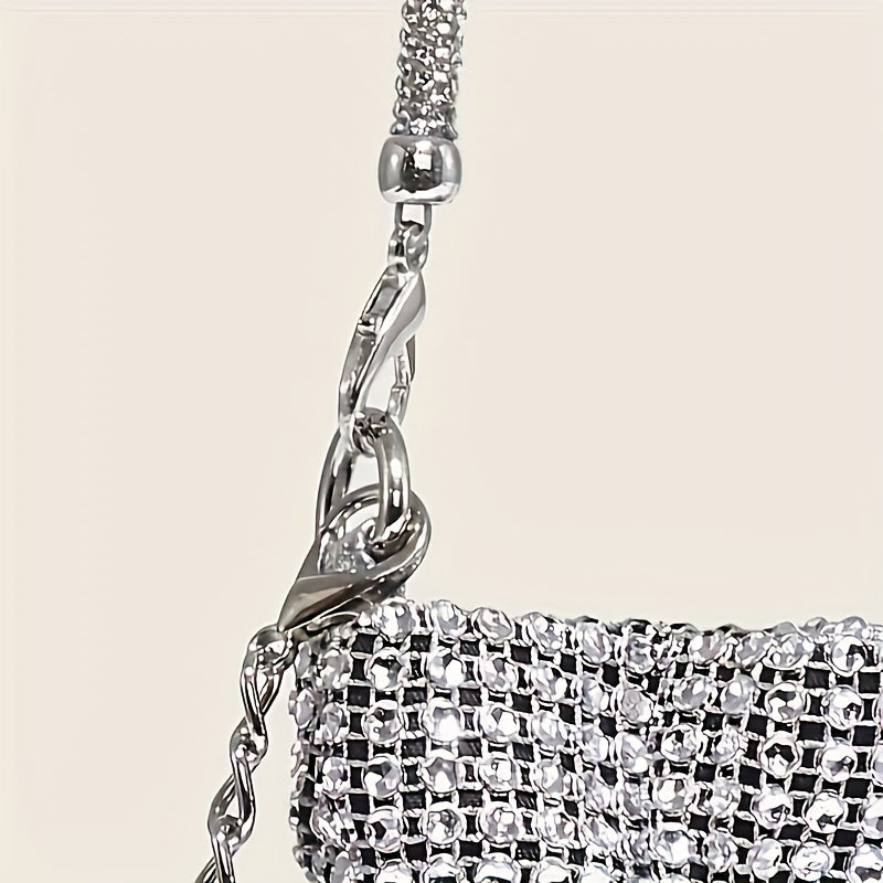 Glitter All Over Rhinestone Decor Satchel Bag, Drawstring Design Shiny Evening Handbag For Women, Trendy Dinner Wallet