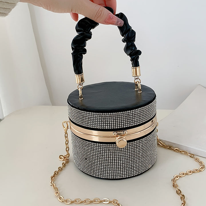 Mini Allover Rhinestone Handbag, Ruched Detail Evening Bucket Bag, Stylish Chain Shoulder Purse For Party (3.9*4.7*4.7) Inch