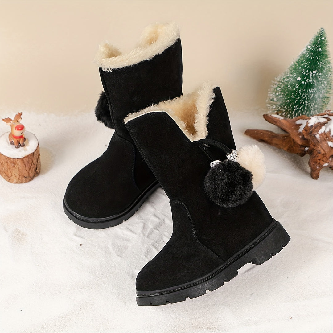 Trendy Cute Plus Fleece Boots For Girls Kids, Comfortable Non Slip Boots For Indoor Outdoor Travel, Autumn And Winter