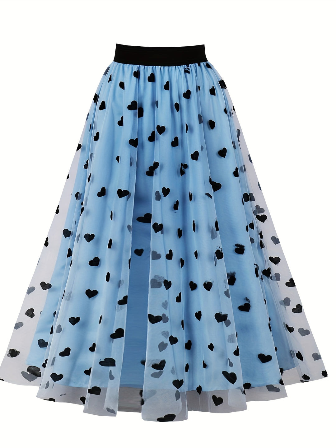 Plus Size Elegant Skirt, Women's Plus Layered Heart Mesh Elastic Waist High Rise Slight Stretch A-line Skirt