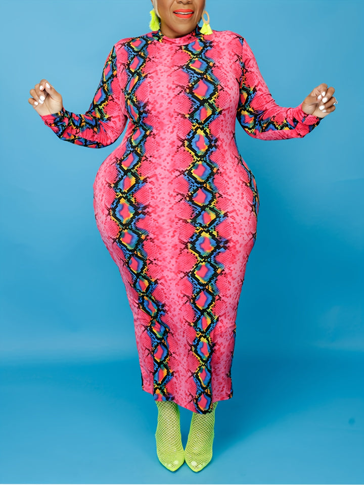 Plus Size Trendy Dress, Women's Plus Snake Print Long Sleeve Mock Neck Bodycon Midi Dress