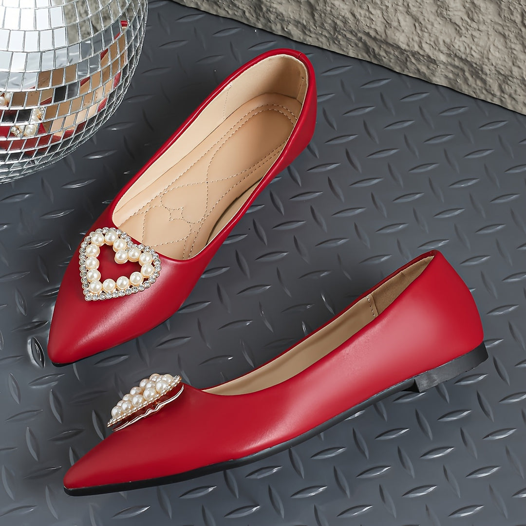 Women's Heart Decor Flat Shoes, Elegant Point Toe Slip On Shoes, Lightweight & Comfortable Valentine's Day Shoes