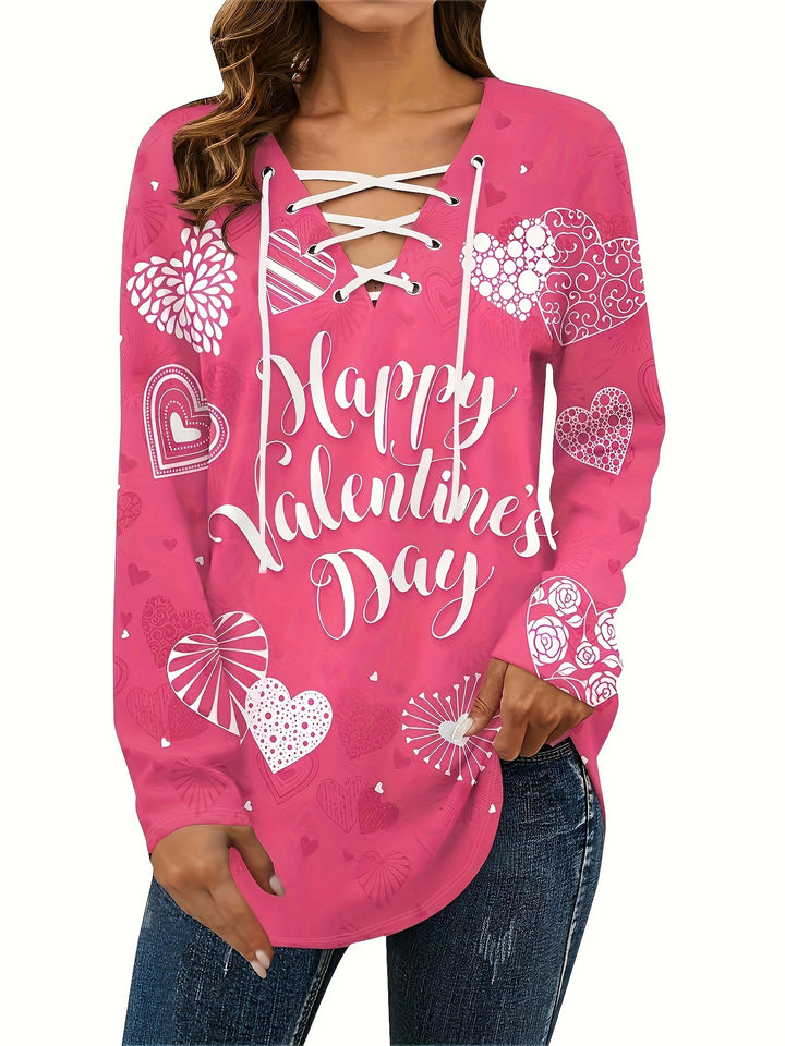 Plus Size Heart & Letter Print Top, Valentine's Day Lace Up V Neck Long Sleeve Top, Women's Plus Size Clothing