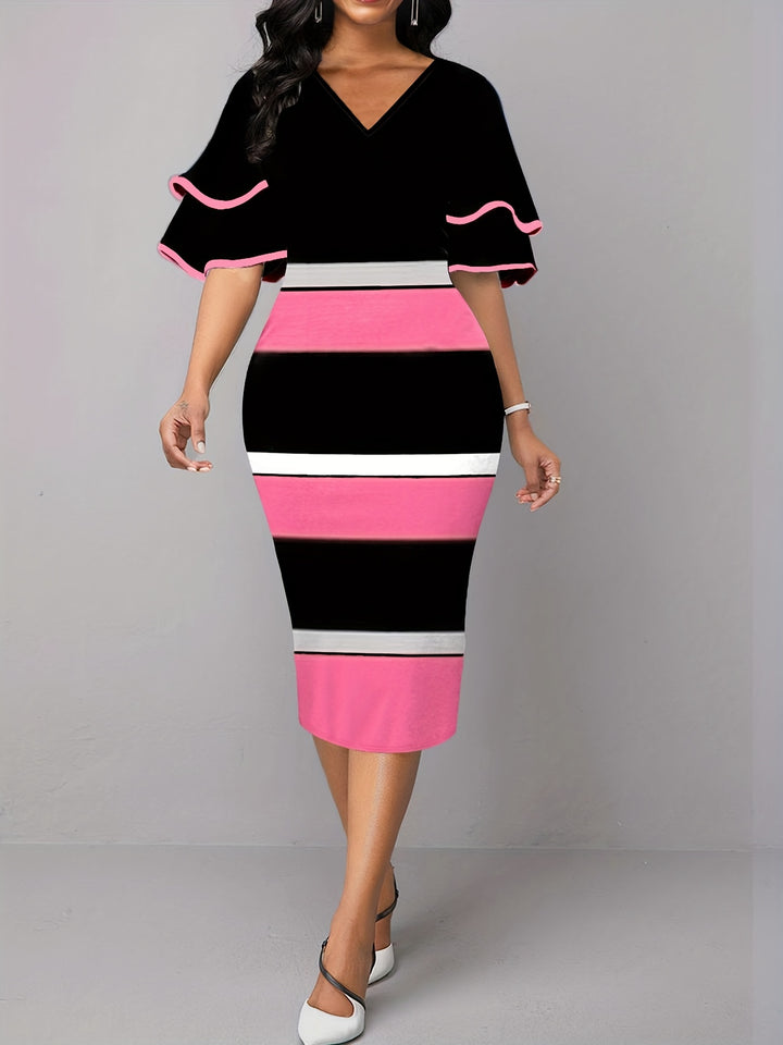 Plus Size Casual Dress, Women's Plus Colorblock Layered Sleeve V Neck Medium Stretch Slim Fit Dress