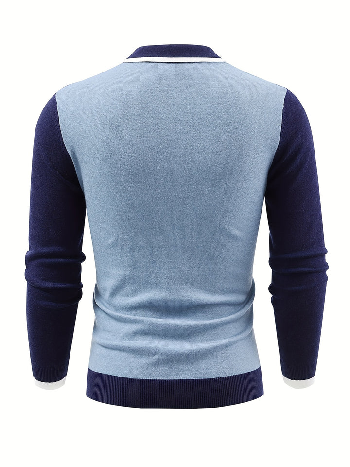 Striped Pattern Chic Knit Shirt, Men's Casual Lapel Slightly Stretch V-Neck Pullover Sweater For Men Winter Fall