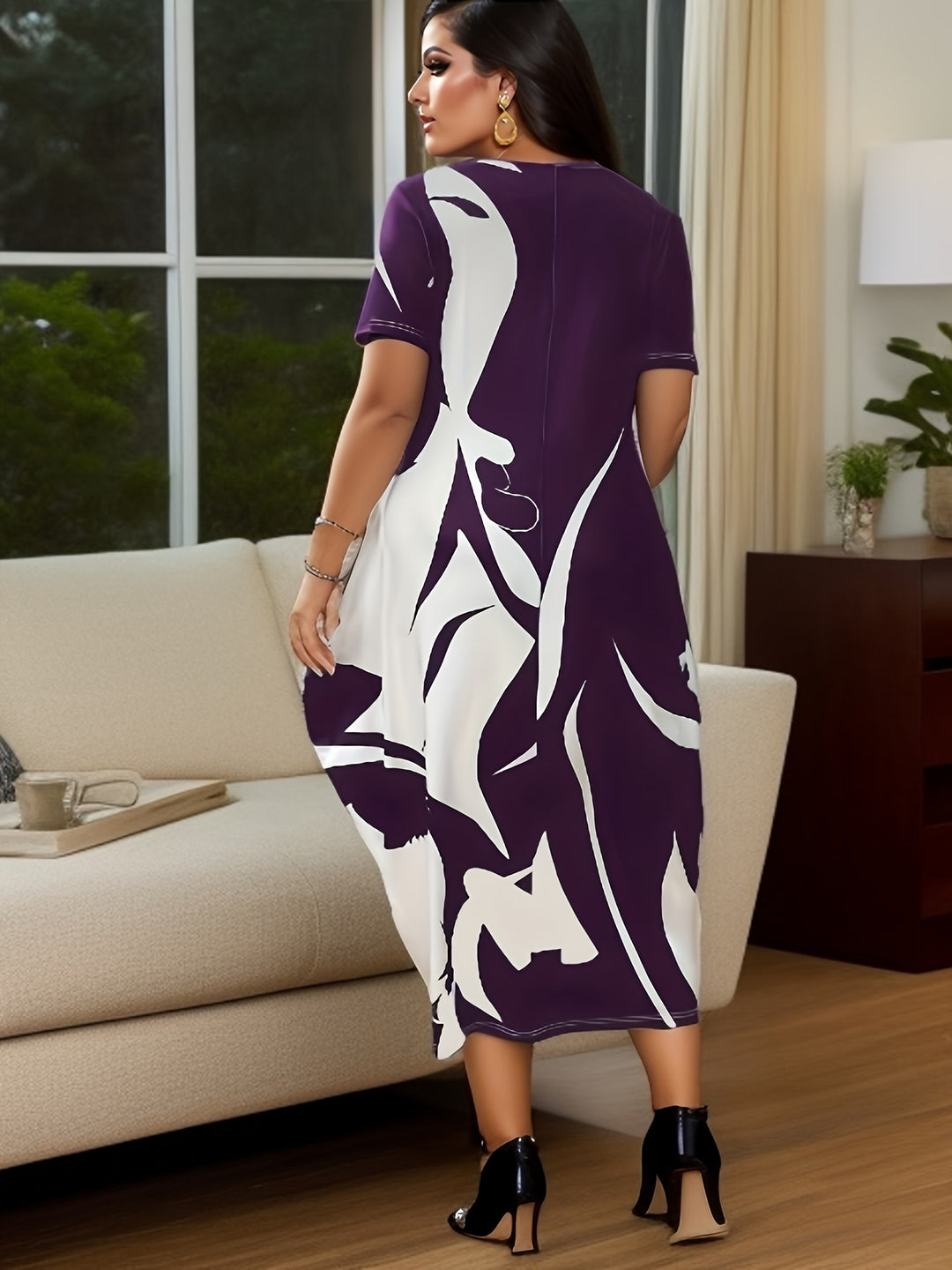 Plus Size Elegant Dress, Women's Plus Abstract Print Short Sleeve Round Neck Baggy Dress