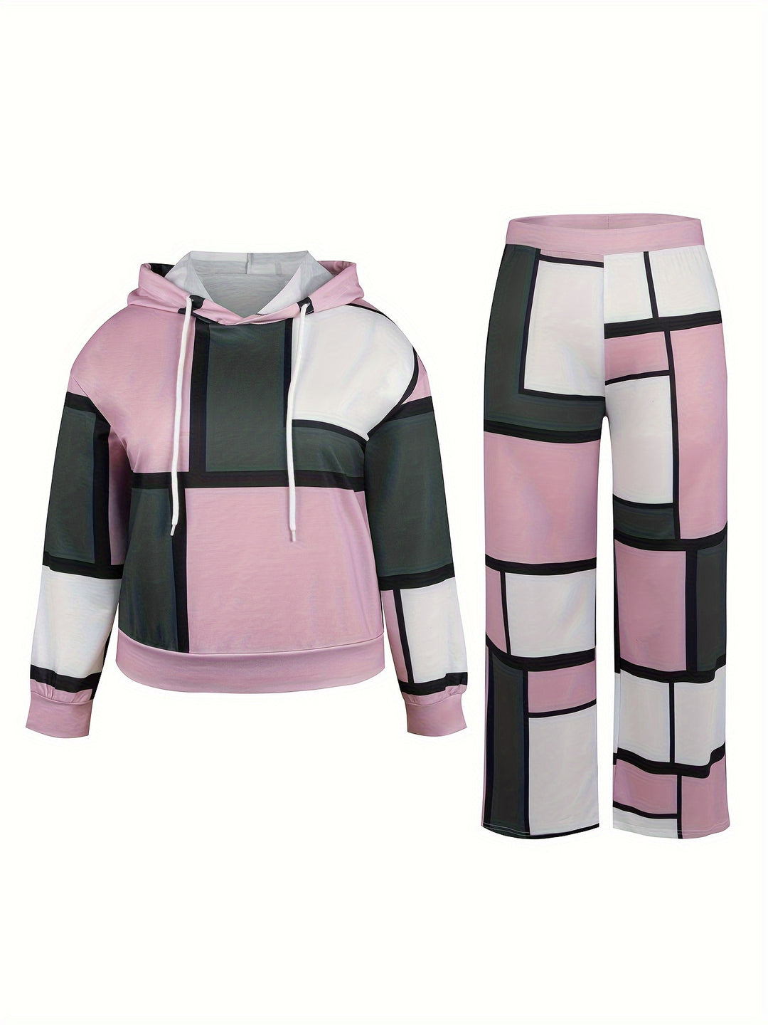 Plus Size Sporty Outfits Set, Women's Plus Geo Print Long Sleeve Drawstring Hoodie & Pants Outfits 2 Piece Set