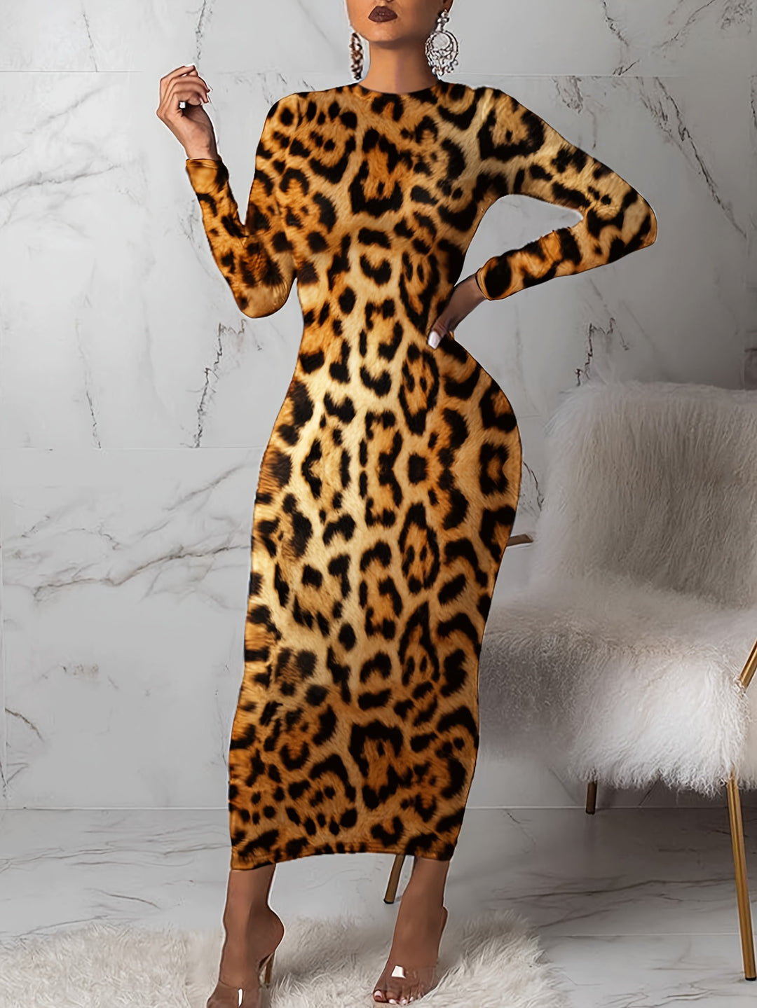Plus Size Sexy Dress, Women's Plus Leopard Print Long Sleeve Round Neck Maxi Slim Fit Dress