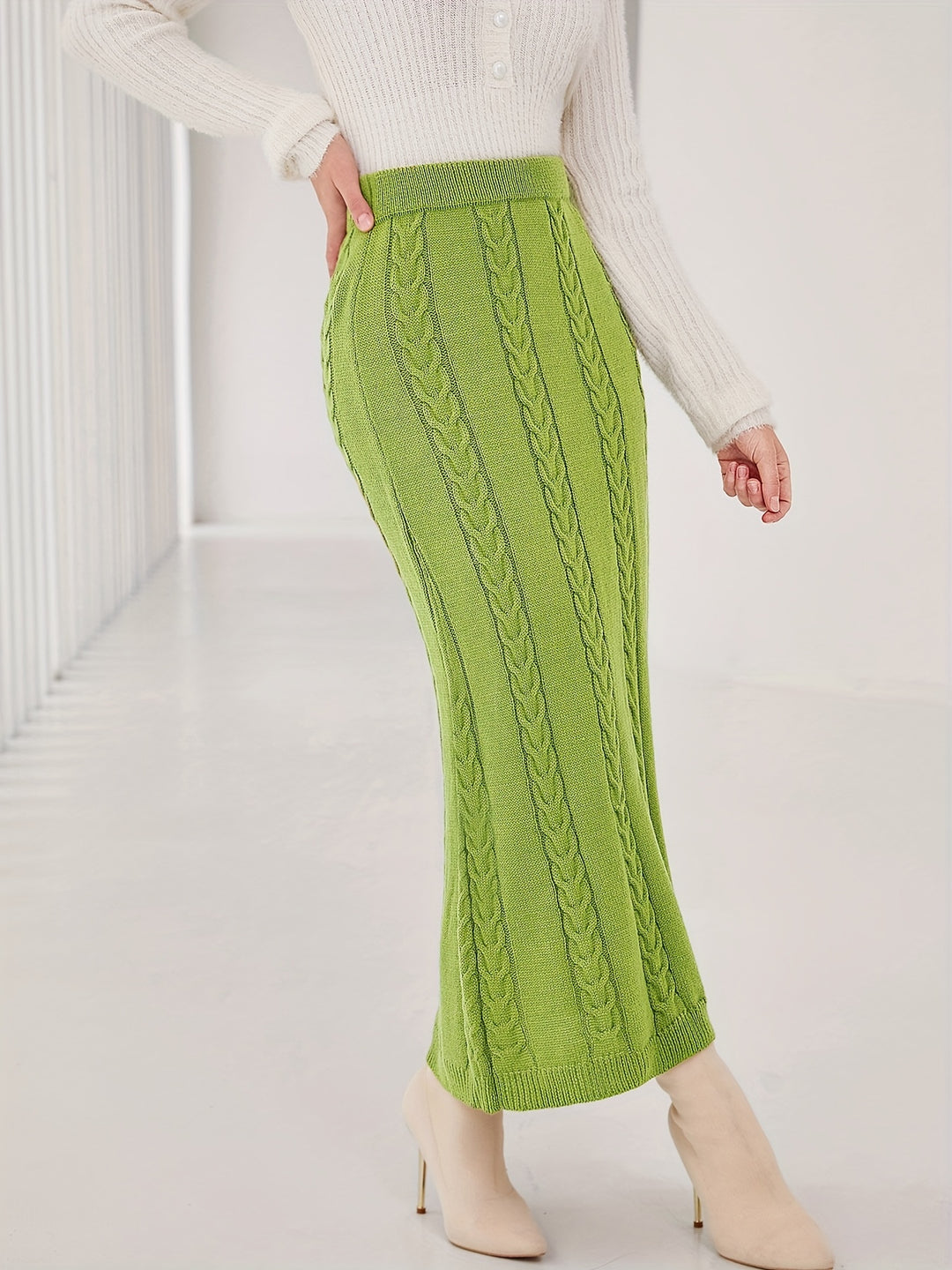 Solid Bodycon Rib Knit Skirt, Elegant Midi Skirt For Fall & Winter, Women's Clothing