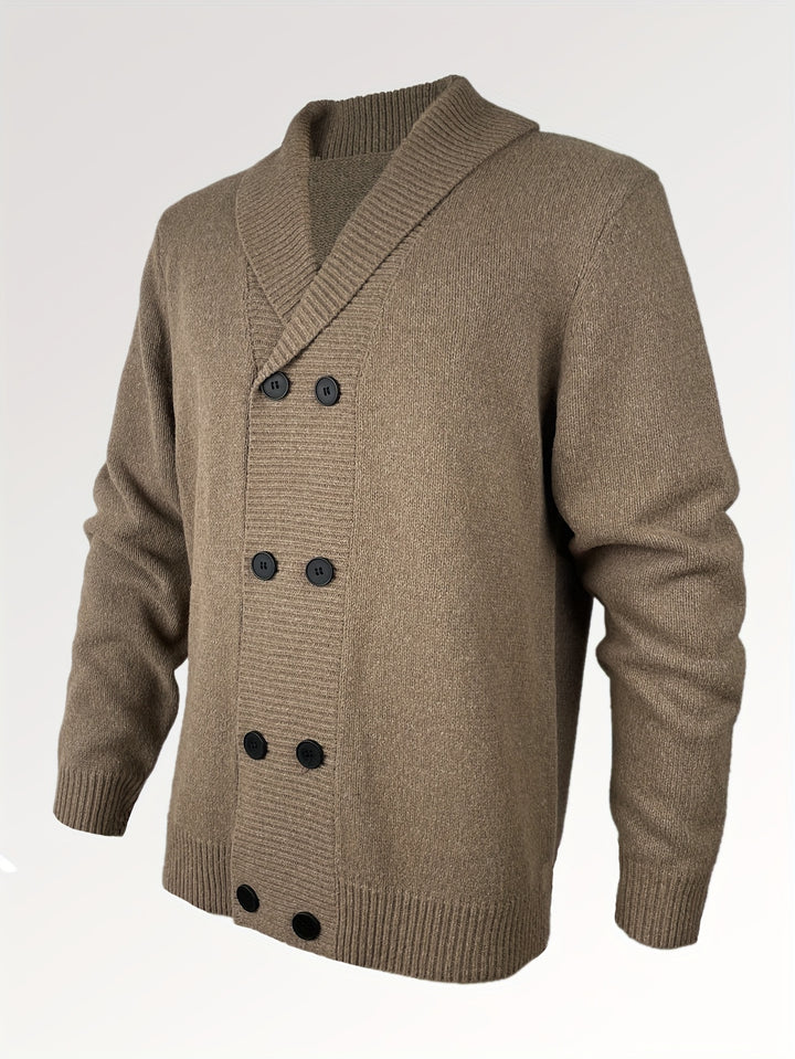 Men's Shawl Collar Cardigan Double Breasted Sweater, Plain Regular Fit Casual Knitted Sweater
