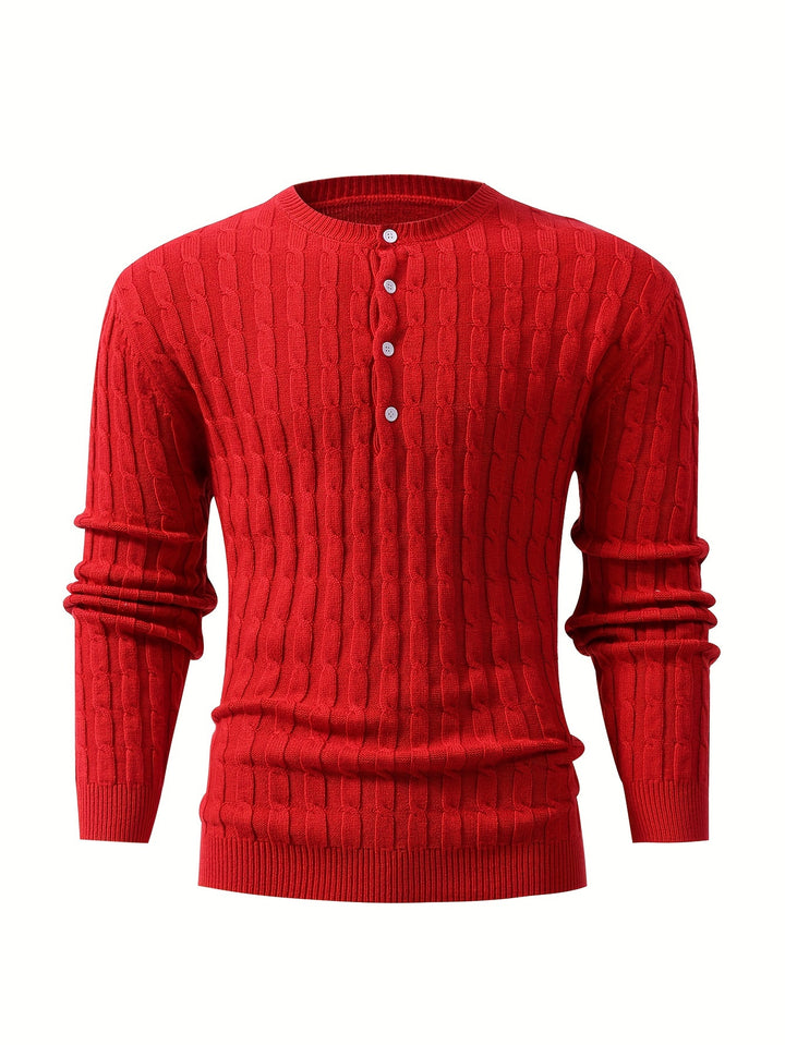 Men's Stylish Solid Knitted Pullover, Casual Breathable Long Sleeve Button Up Crew Neck Top For City Walk Street Hanging Outdoor Activities