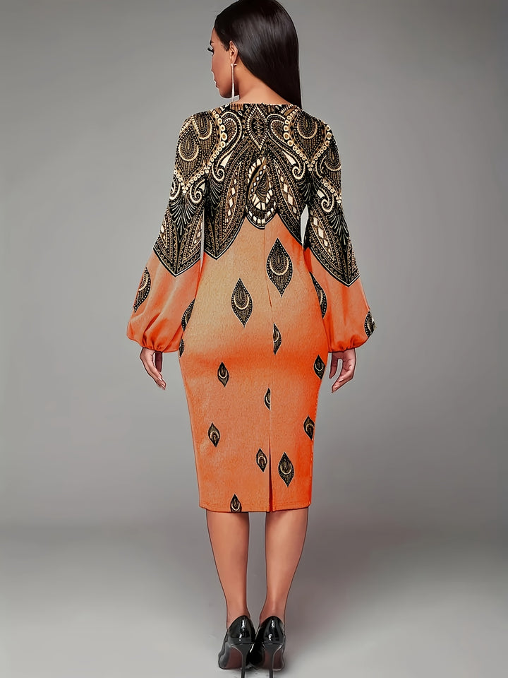 Paisley Print Lantern Long Sleeve Dress, Crew Neck Casual Every Day Dress For Spring & Fall, Women's Clothing