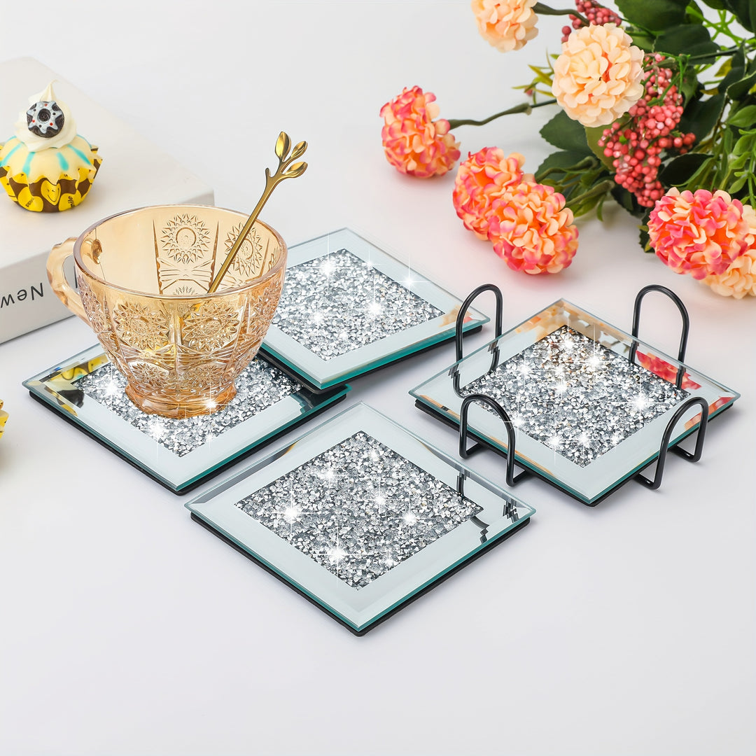 4pcs/set Crystal Crushed Diamond Glass Insulated Coasters ,Fashionable Noble Glass Mirror, Square Coasters, Suitable For Tea Coasters, Coffee Mats, Placemats, Party Table Top Bar Table Decoration Supplies