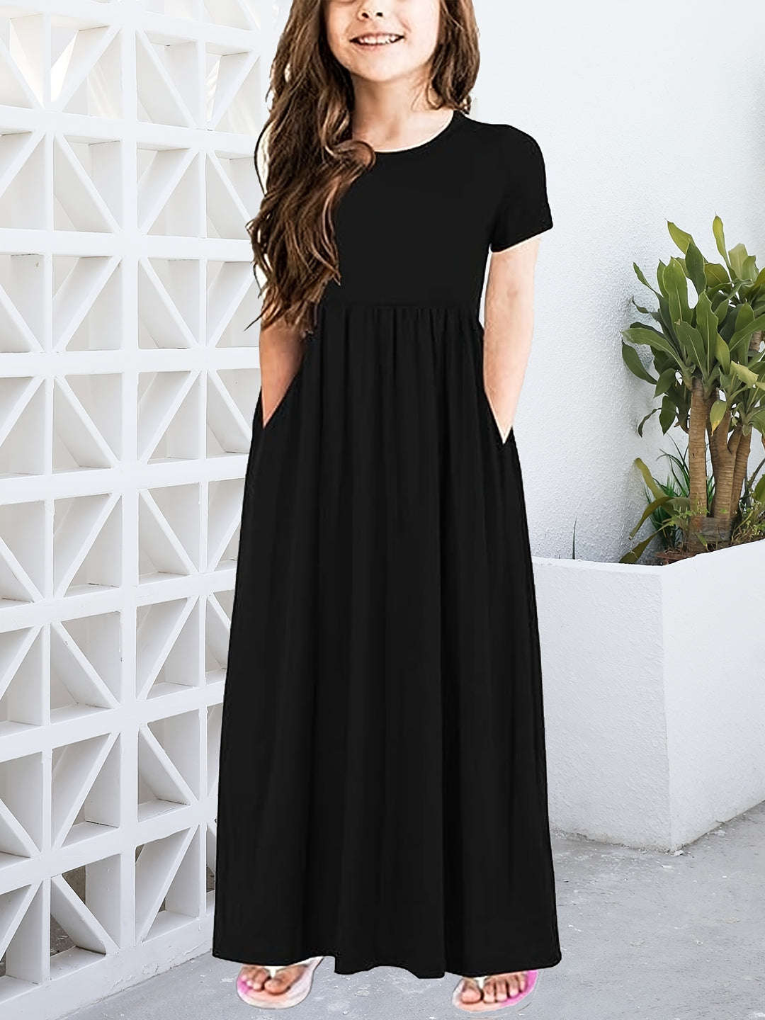 Girls Elastic Waist Short Sleeve Casual Maxi Dress With Side Pockets