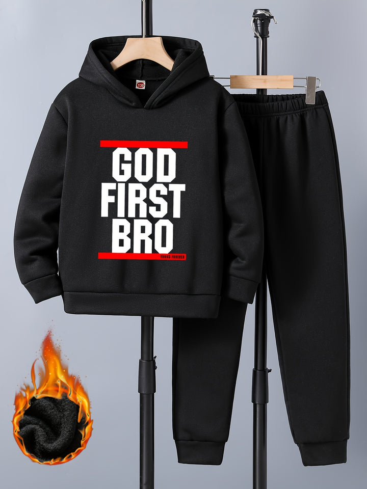 2pcs "God First Bro" Print Fleece Outfit For Boys, Warm Hoodie & Pants Set, Trendy Hooded Long Sleeve Top, Kid's Clothes For Fall Winter, As Gift