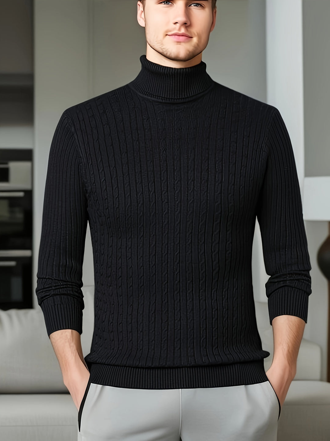 Men's Trendy Knitted Sweater, Casual Mid Stretch Breathable Turtle Neck Top For Outdoor Fall Winter