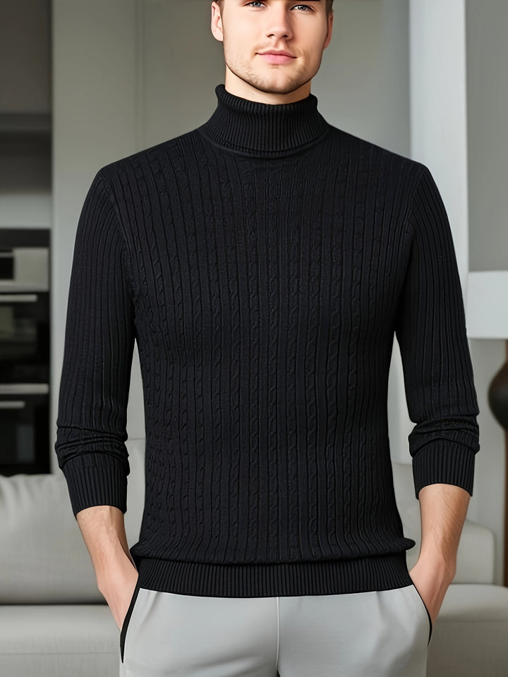 Men's Trendy Knitted Sweater, Casual Mid Stretch Breathable Turtle Neck Top For Outdoor Fall Winter