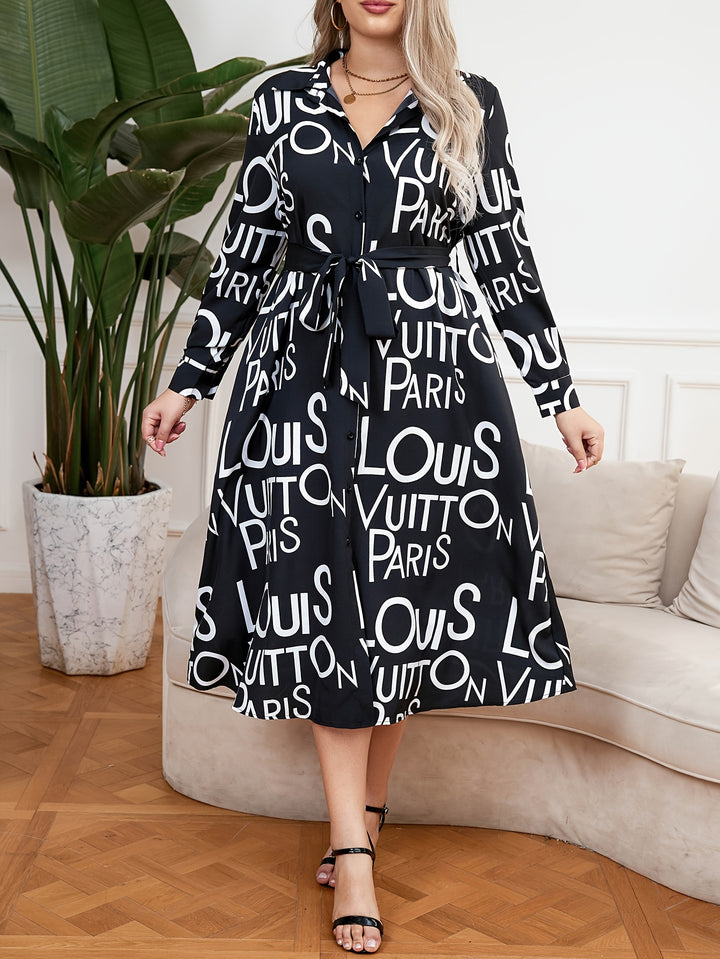 Stylish Plus Size Dress with Letter Print and Belted Design, Perfect for Casual Wear - Women's Plus Size Clothing