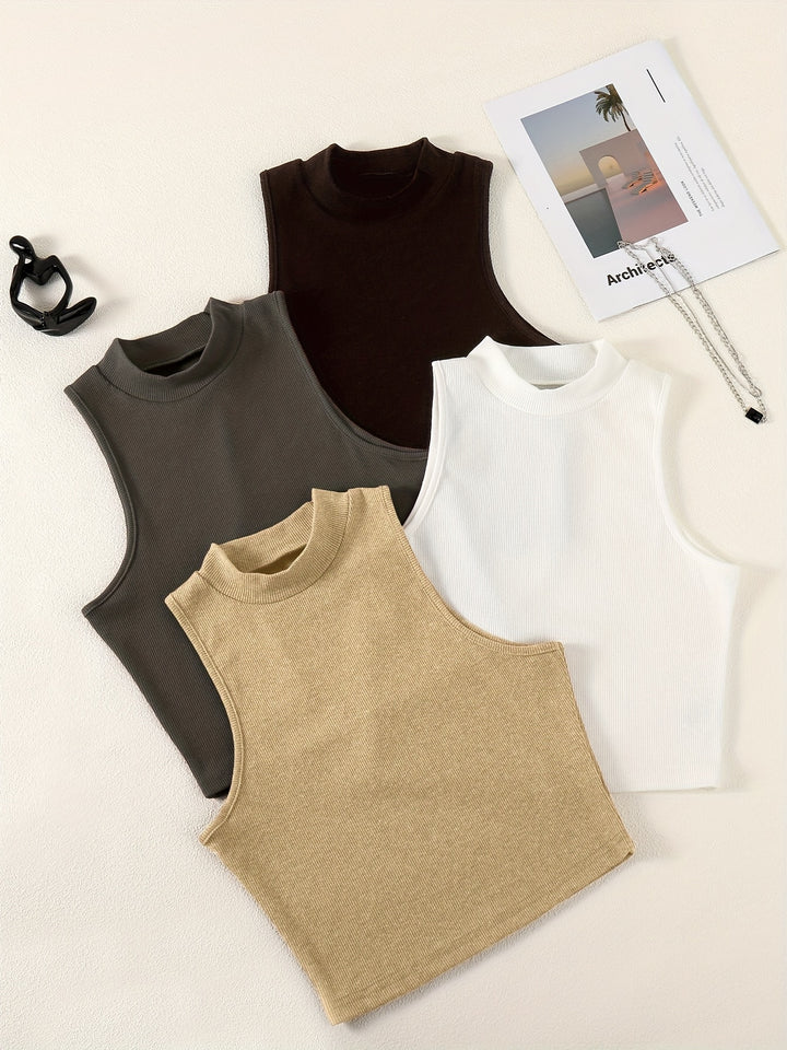 Solid Summer 4pcs Tank Tops, Casual Crew Neck Sleeveless Knit Tank Tops, Women's Clothing