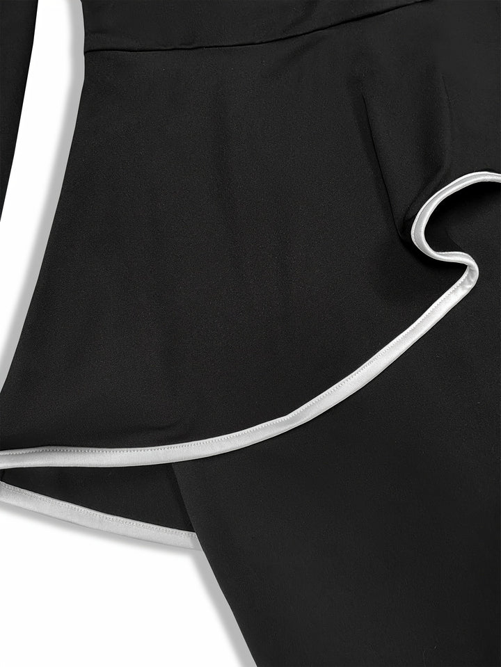 Plus Size Elegant Dress, Women's Plus Colorblock Contrast Trim Long Sleeve Round Neck Keyhole Slim Fit Layered Dress With Belt