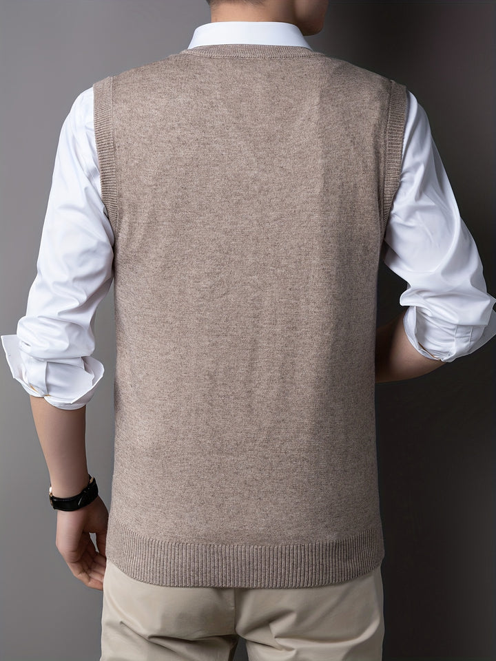 Casual Knitted Pullover, V-neck Sleeveless Thermal Jacket, Wool Vest, Men's Tank Top  For Autumn And Winter