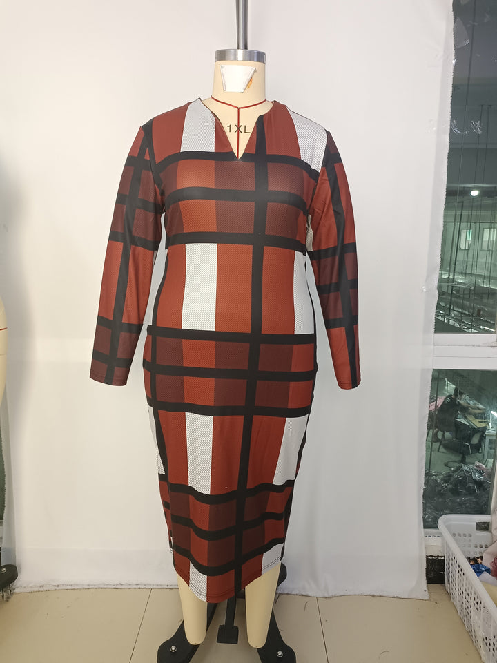 Plus Size Elegant Dress, Women's Plus Plaid Print Long Sleeve Notched Neck Bodycon Midi Dress