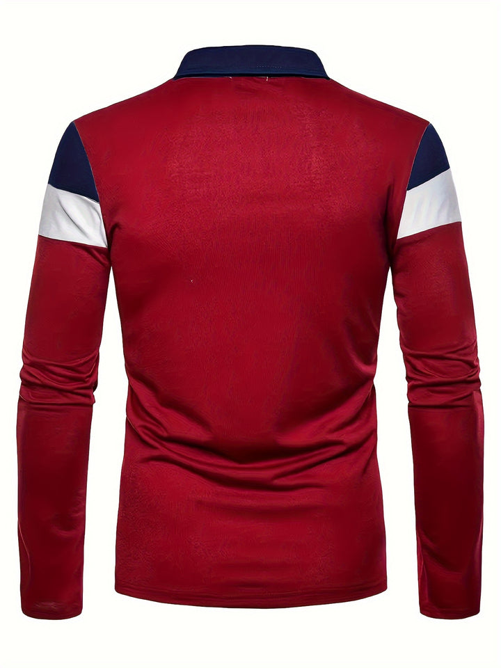 Mature Style Men's Color Block Casual Comfy Long Sleeve Golf Lapel Shirt, Spring Fall