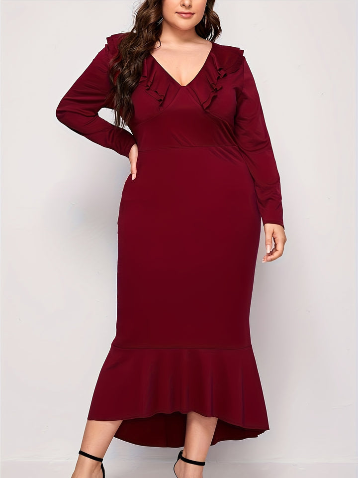 Elegant Plus Size Dress for Women, Long Sleeve V Neck Ruffle Trim Dress with Medium Stretch Fabric