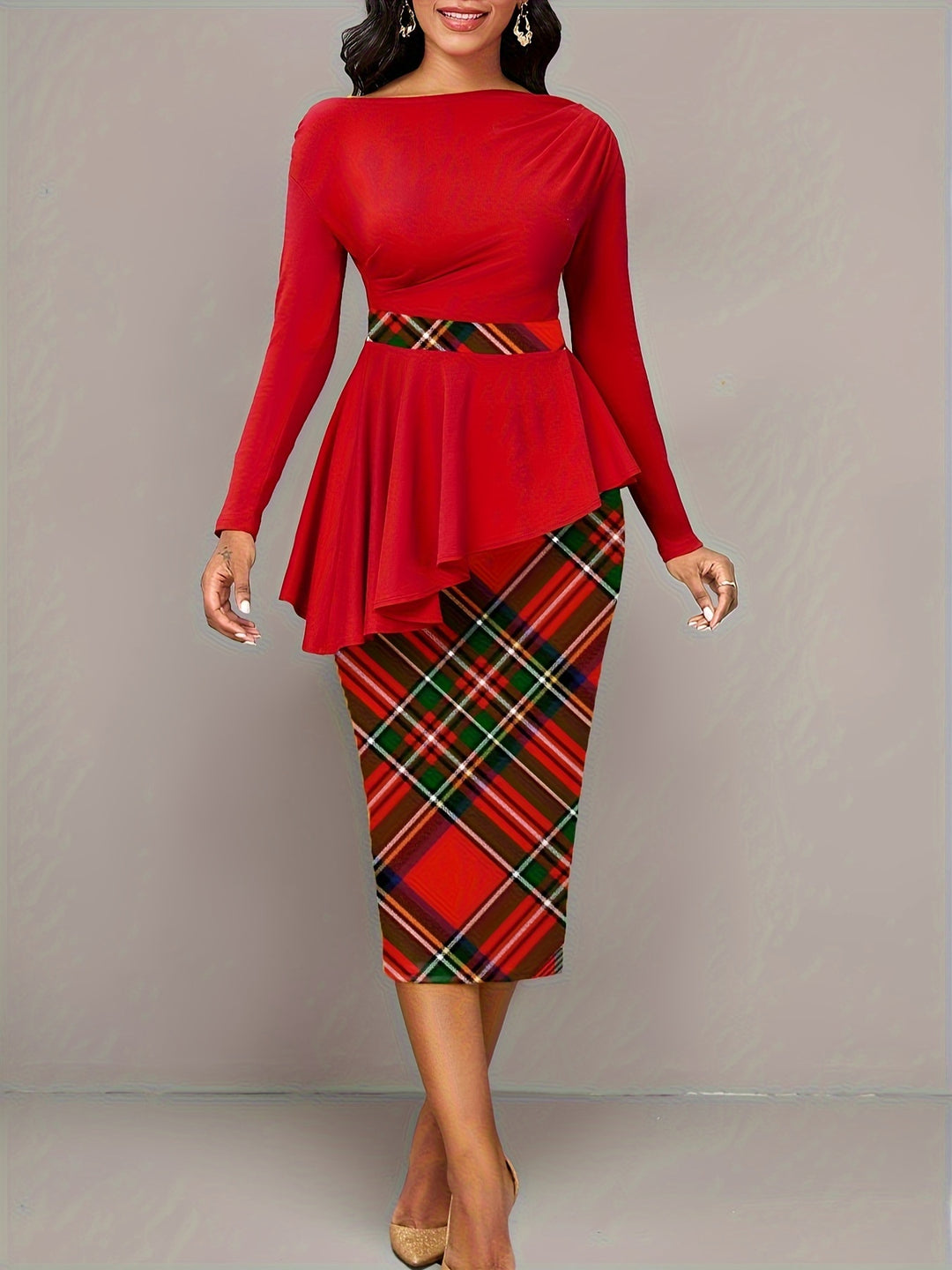 Plaid Print Patchwork Dress, Elegant Long Sleeve Color Block Dress, Women's Clothing