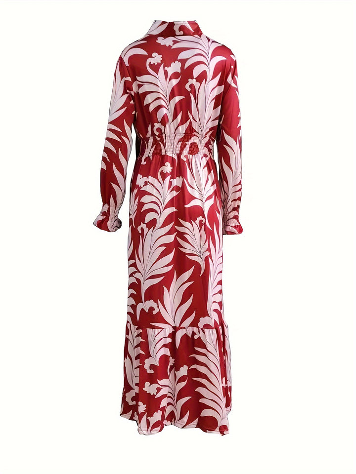 Plus Size Plant Print Dress, Elegant V Neck Shirred Waist Long Sleeve Dress, Women's Plus Size Clothing