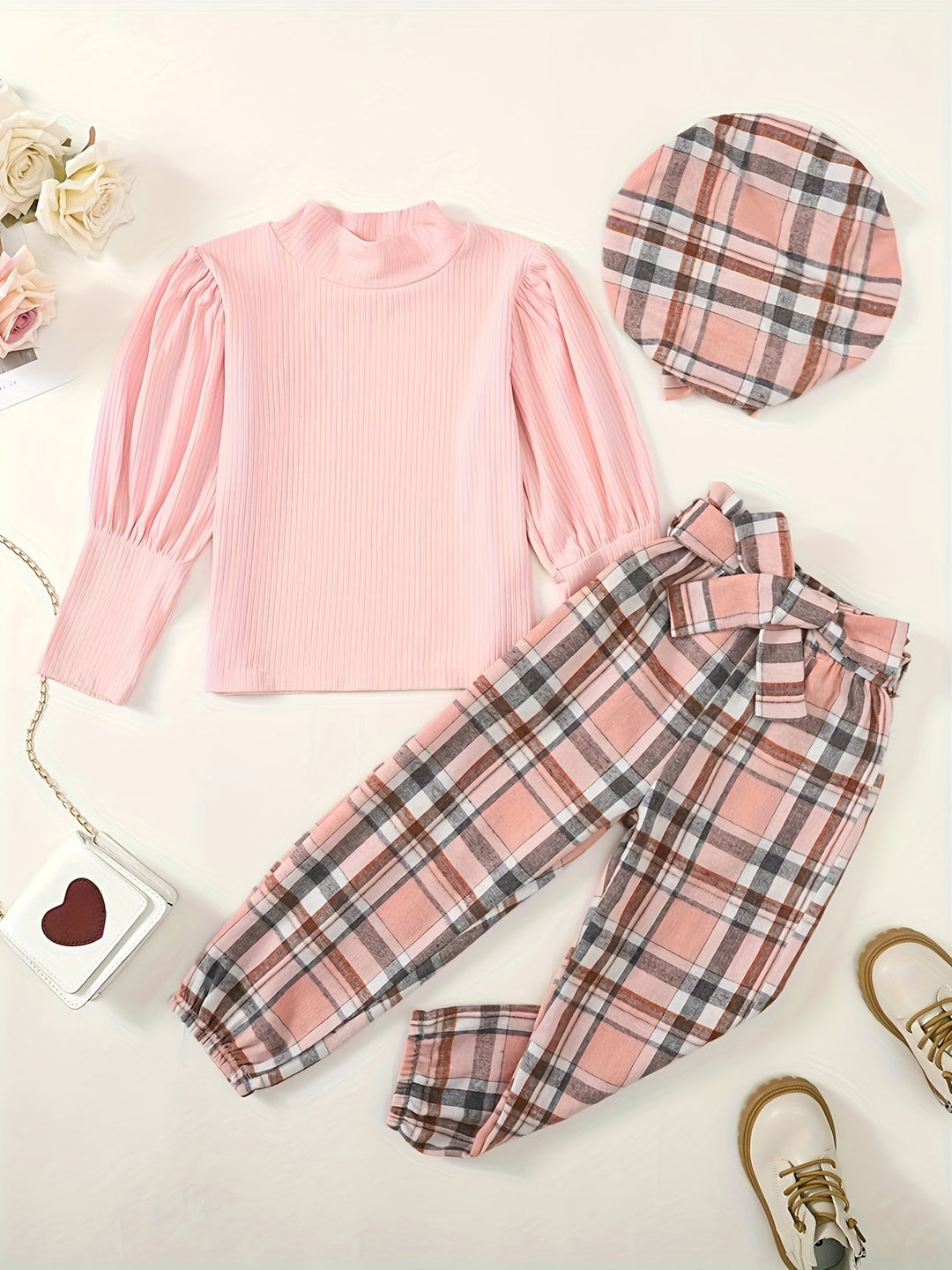 3pcs Girls Fashion Stand Collar Long Sleeve Top + Multicolor Plaid Trousers With Belt + Cute Hat Set For Spring And Autumn