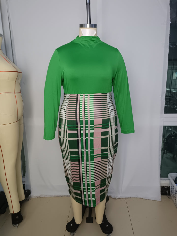 Elegant Plus Size Dress for Women - Colorblock Plaid Print Midi Dress with Mock Neck and Long Sleeves