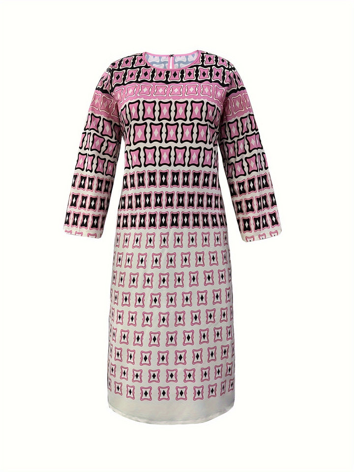 Plus Size Casual Outfits Set, Women's Plus Colorblock Geometric Print Long Sleeve Round Neck Dress & Pants Outfits 2 Piece Set
