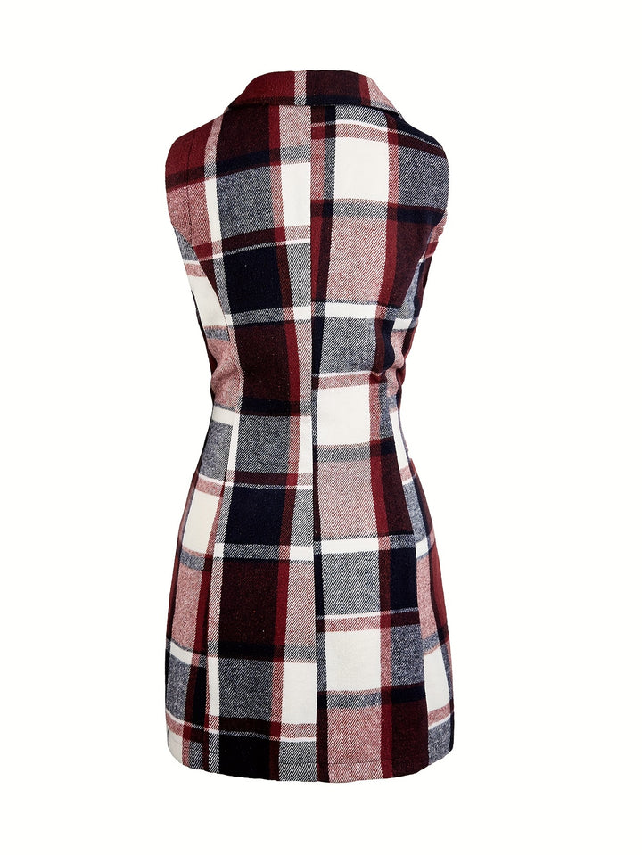 Plaid Sleeveless Lapel Blazer, Casual Single Breasted Outerwear, Women's Clothing